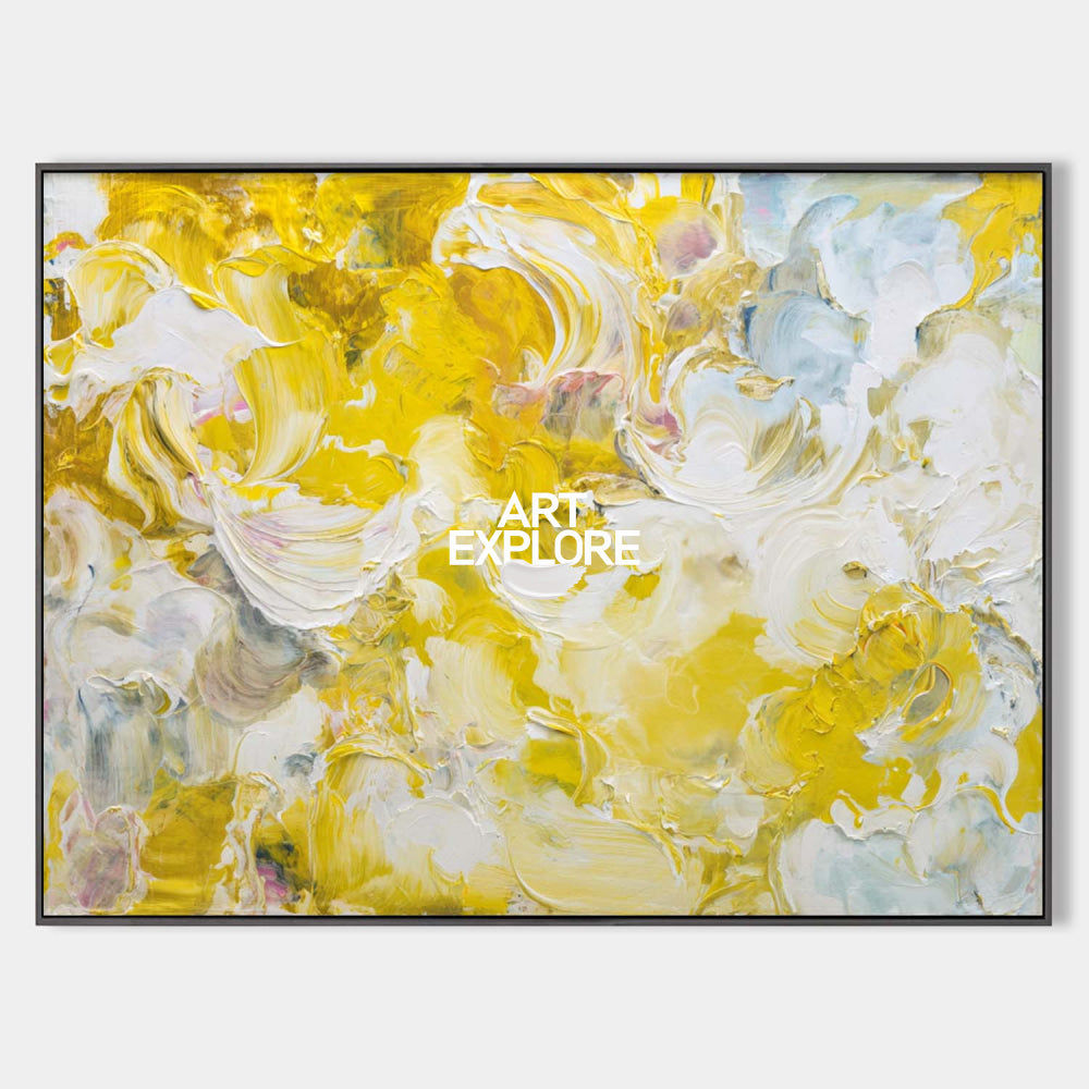 Large Horizontal Canvas Art In Yellow And White For Office And Bedroom Walls