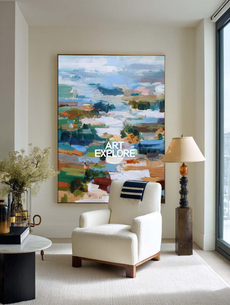 Original Abstract Landscape Oil Painting With Mosaic Patchwork Effect For Modern Home Decor