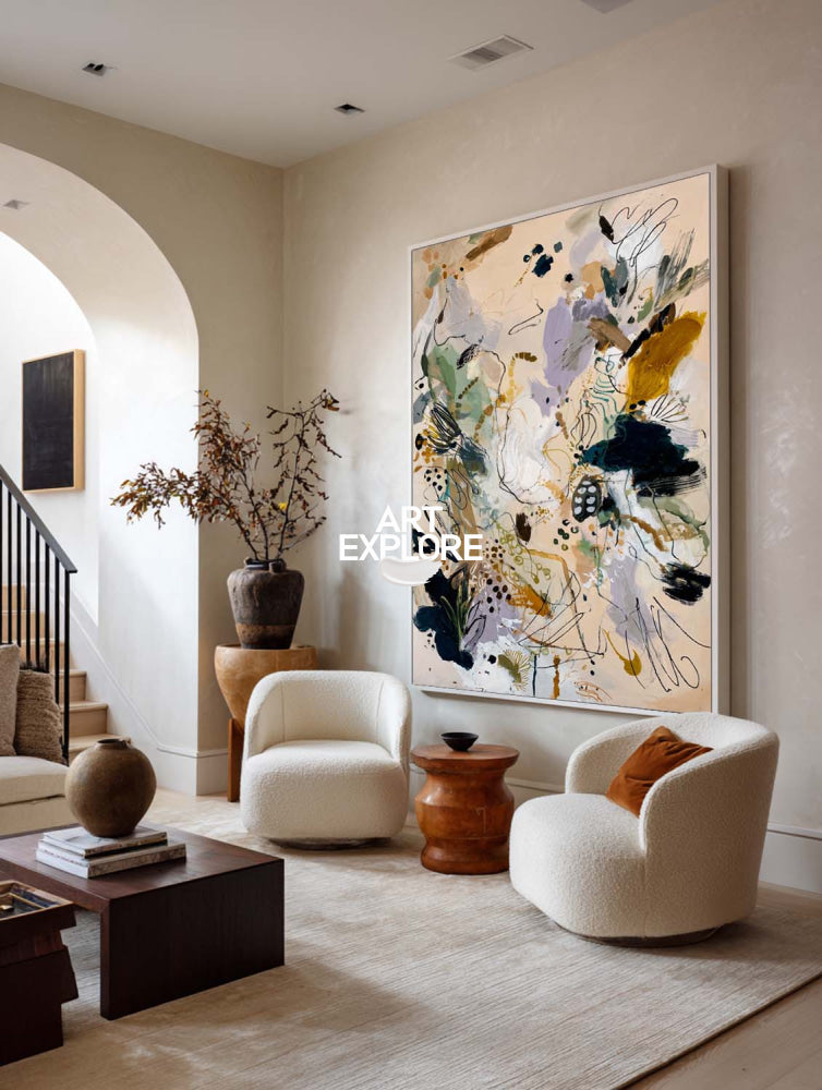 Contemporary Abstract Art Painting In Beige And Gold For Modern Living Room Decor