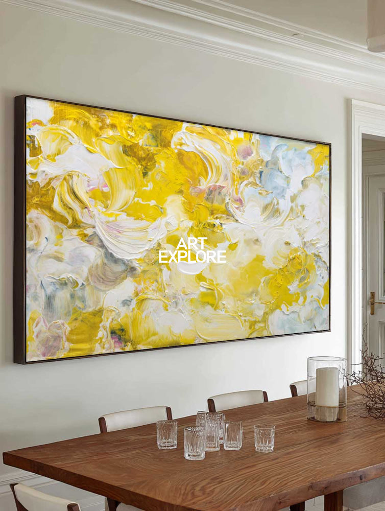 Large Horizontal Canvas Art In Yellow And White For Office And Bedroom Walls
