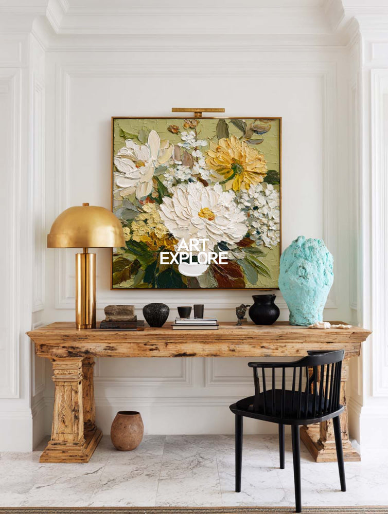 Large Textured Floral Oil Painting White And Green Abstract Art For Living Room