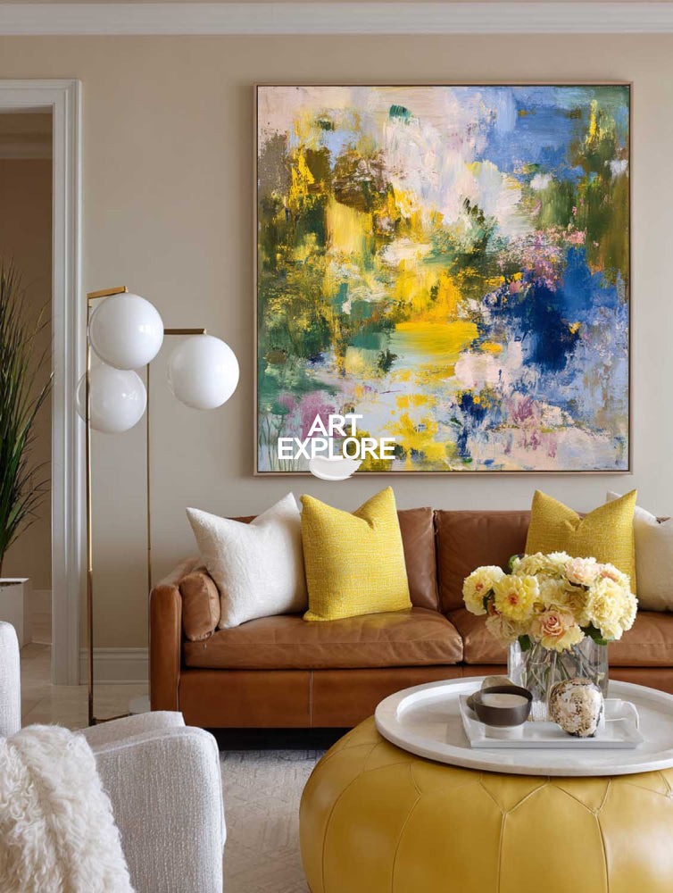 Vibrant Yellow And Blue Abstract Art Original Oil Painting On Linen Canvas For Modern Living Room Decor