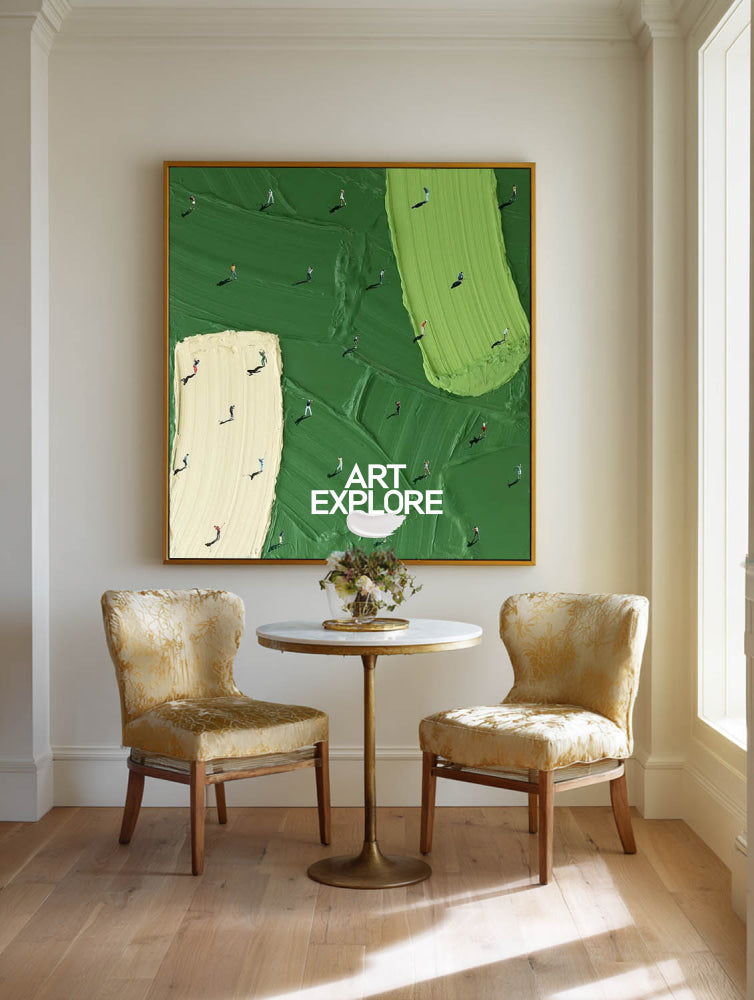 Abstract Golf Course Painting Green Beige Original Art For Living Room And Office Decor