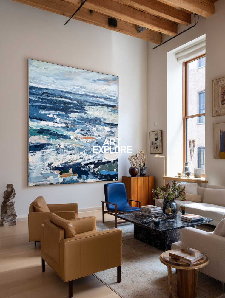 Abstract Ocean Painting Blue Seascape Art For Modern Home Decor