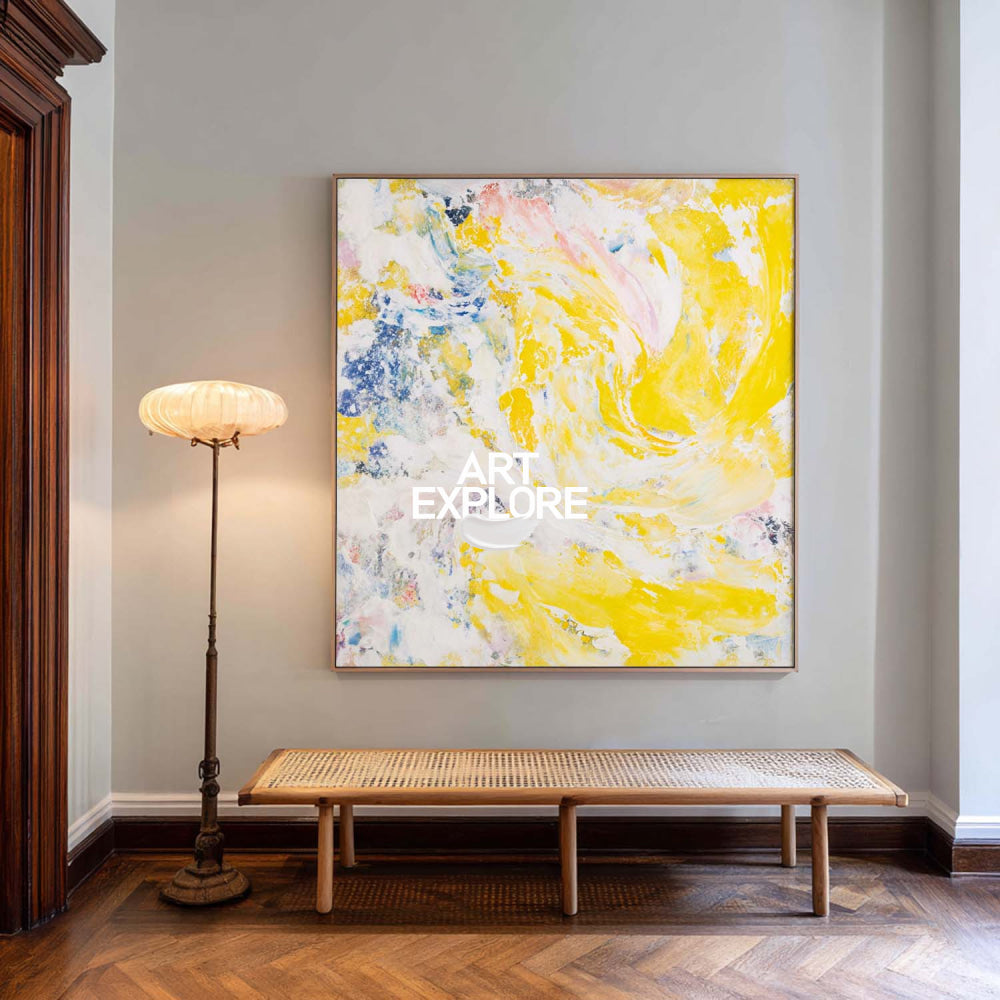 Vibrant Yellow Abstract Painting Modern Square Canvas Art For Living Room Decor