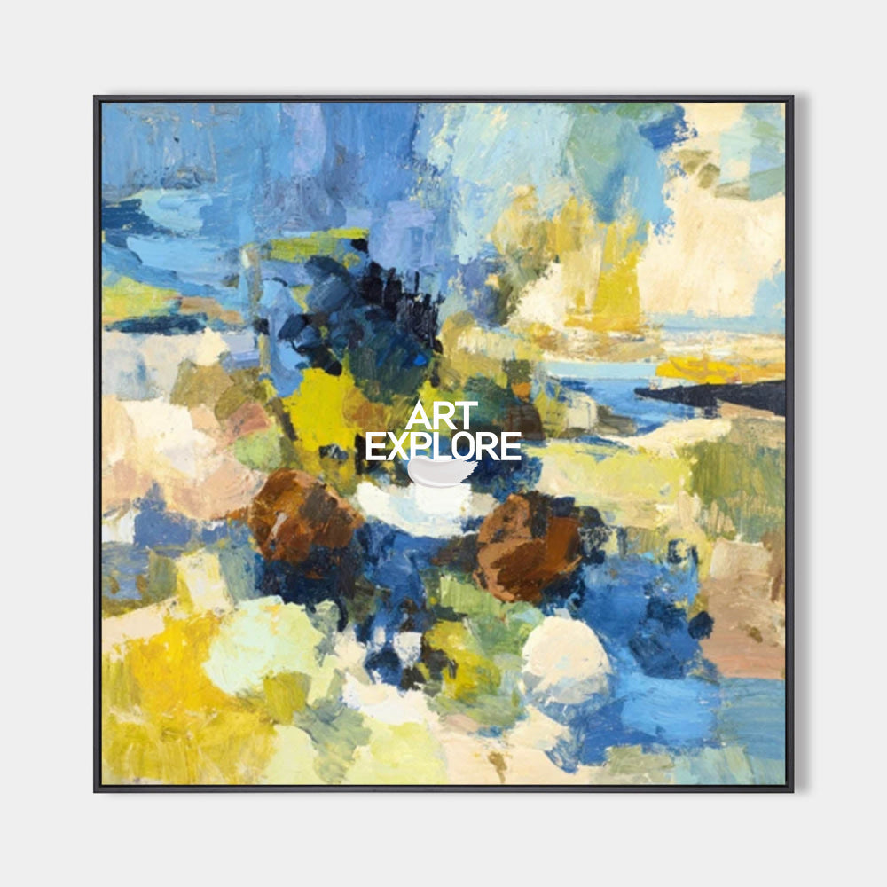 Vibrant Blue And Yellow Abstract Oil Painting On Linen Canvas For Modern Living Room Decor