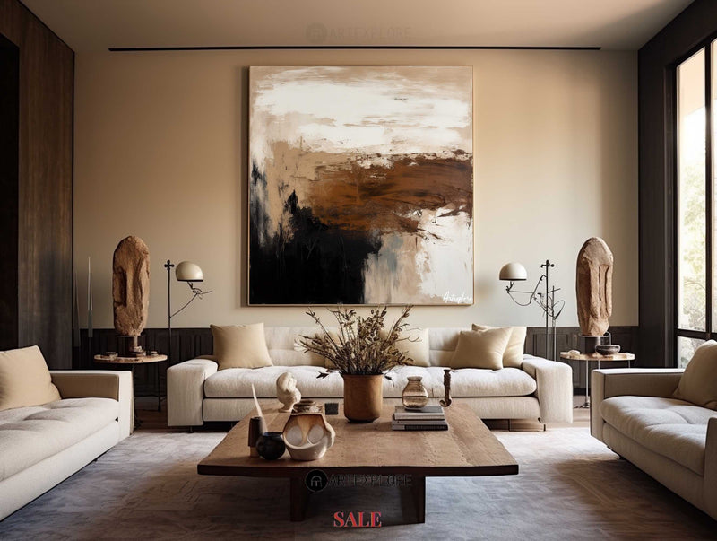 Large Black Brown Abstract Canvas Painting, Wabi Sabi Wall Art Black Brown Abstract Painting