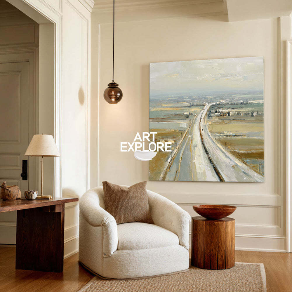Abstract Highway Landscape Painting Textured Beige Grey Art For Modern Living Room