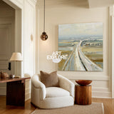 Abstract Highway Landscape Painting Textured Beige Grey Art For Modern Living Room