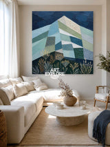 Geometric Mountain Art Painting Blue Green Gold Abstract Square Canvas For Modern Living Room Office Decor