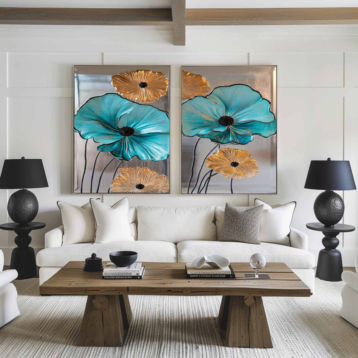 Diptych Turquoise Flowers Art Painting, Set Of 2 Silver Color Rich Texture Art Large Abstract Wall Art 