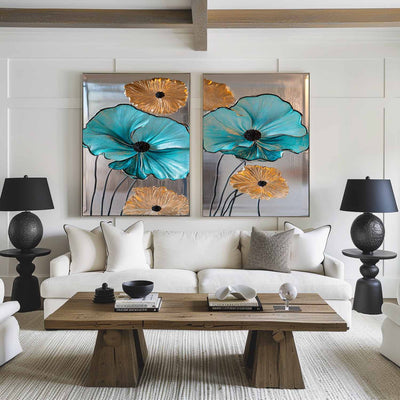 Diptych Turquoise Flowers Art Painting, Set Of 2 Silver Color Rich Texture Art Large Abstract Wall Art 