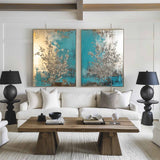 Diptych Turquoise Painting, Set Of 2 Bauhaus Art Decoration Large Silver Textured Wall Art 