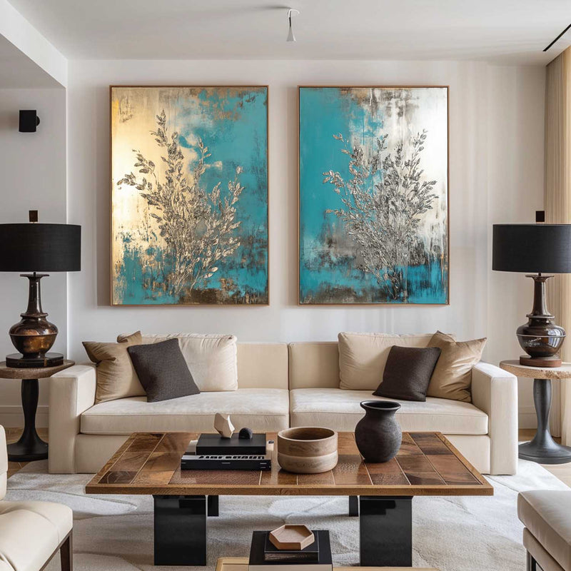 Diptych Turquoise Painting, Set Of 2 Bauhaus Art Decoration Large Silver Textured Wall Art 