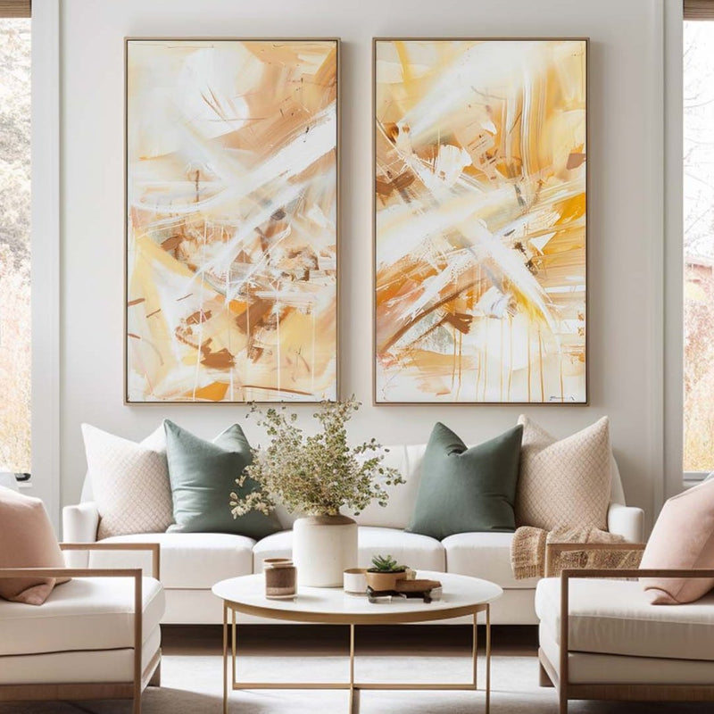 Yellow And White Set Of 2 Canvas Art Large Abstract Minimalist Line Art Modern Diptych Wall Art 