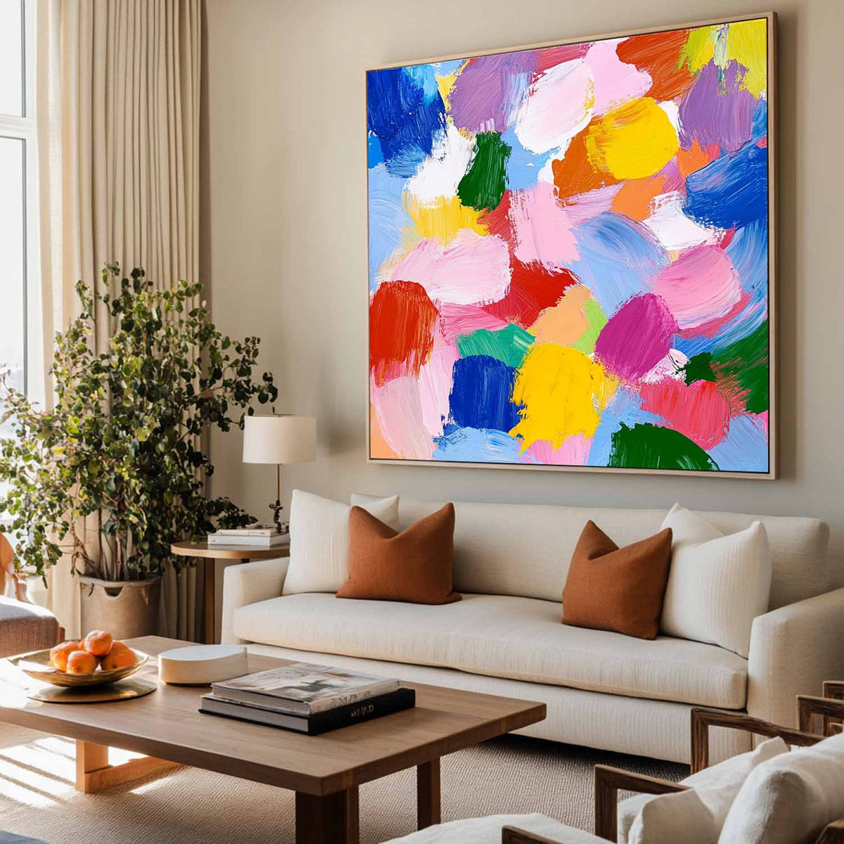 Large Colorful Bauhaus Painting Square Abstract Wall Art Rich Textured Canvas Art For Livingroom