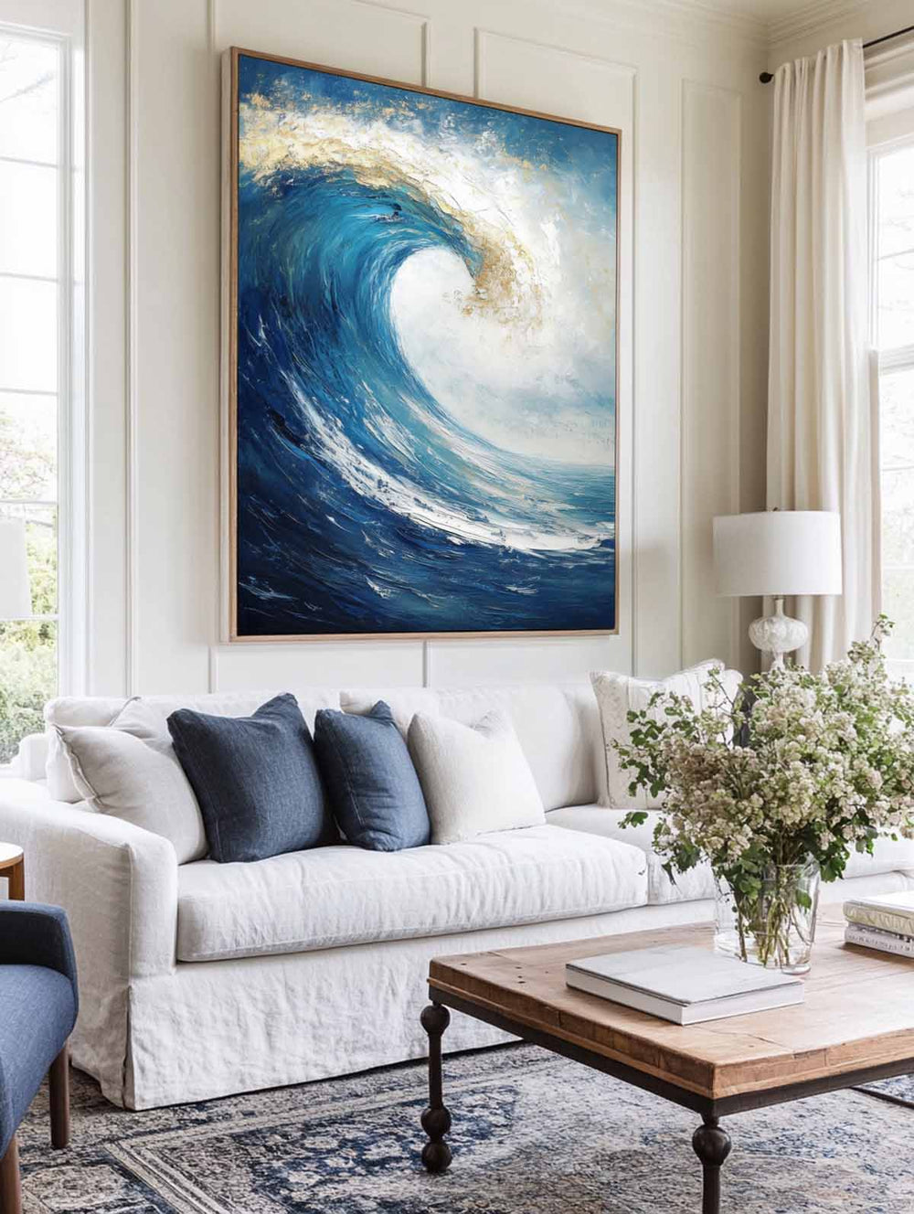 Large Vertical Blue Ocean Wave Paintings Blue Sea Wall Art Handmade Blue Textured Wall Art 