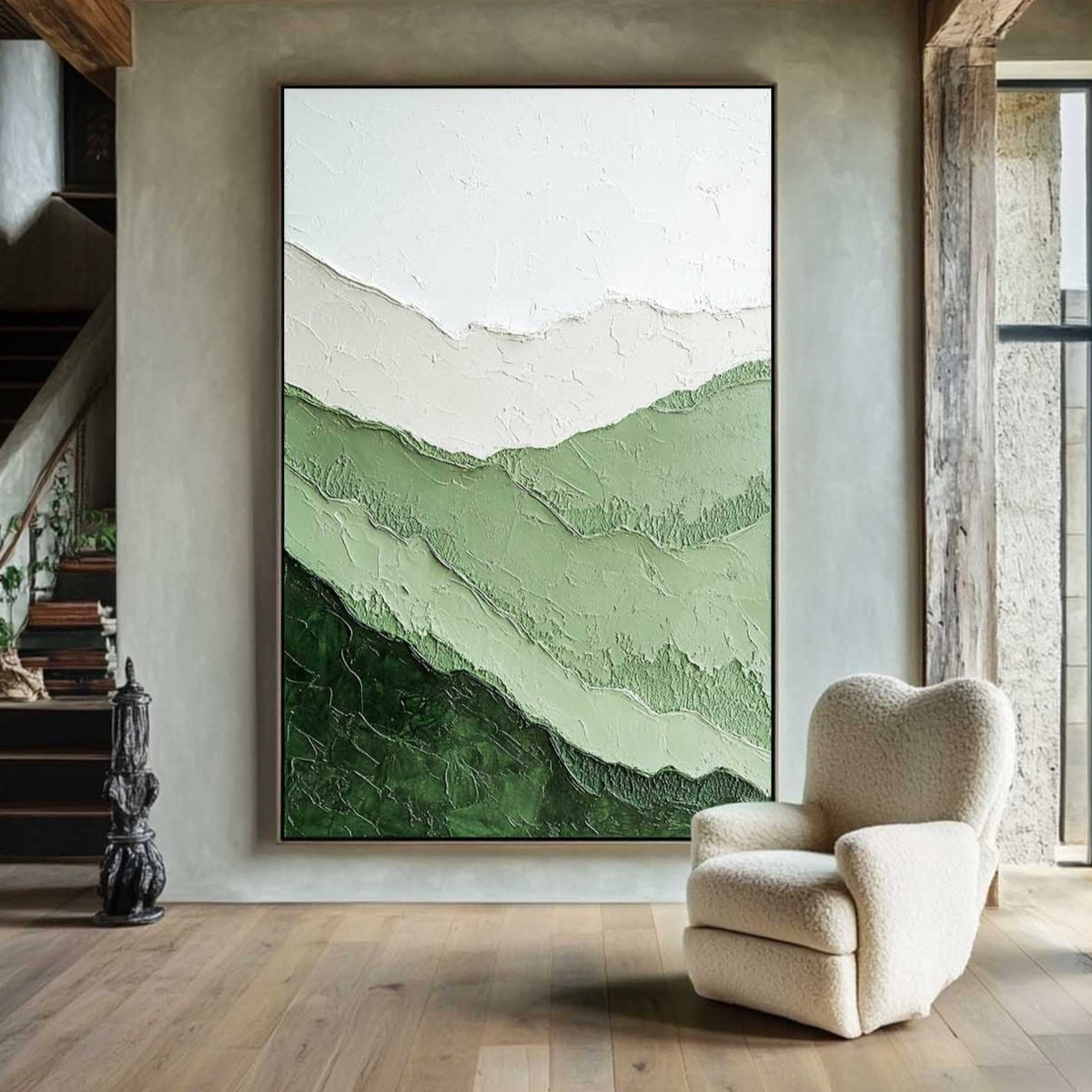 Lage Minimalist Green Textured Painting Green Abstract Painting Vertical Artworks for Livingroom