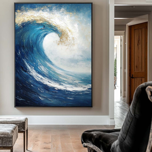 Large Vertical Blue Ocean Wave Paintings Blue Sea Wall Art Handmade Blue Textured Wall Art 