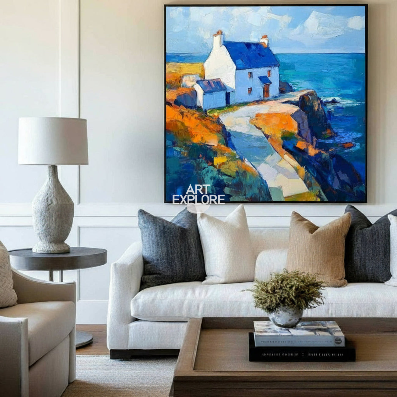 Blue Textured Landscape Wall Art Modern Countryside View Painting Large Landscape Painting
