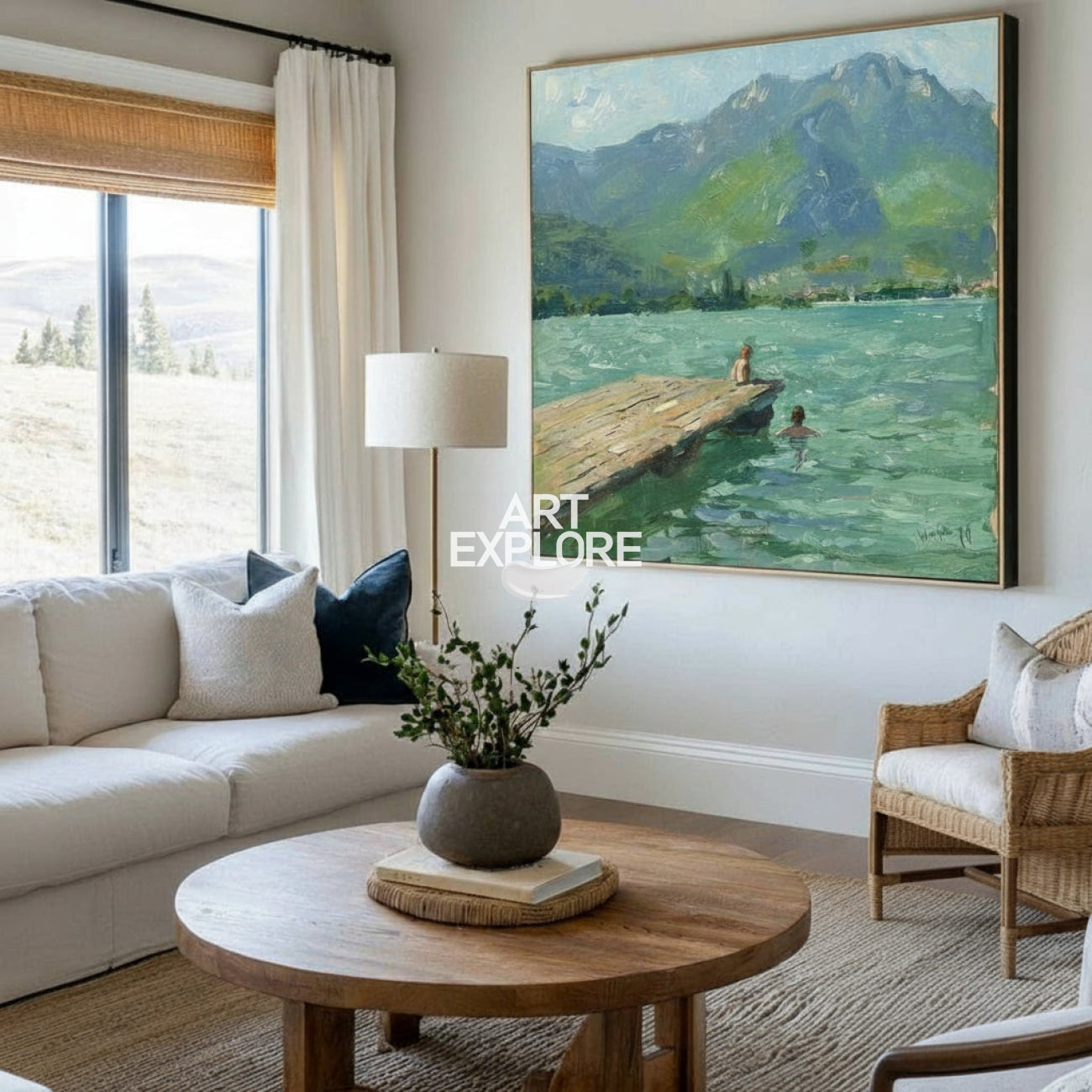 Modern Blue Lake Paintings Childhood Good Old Days Acrylic Painting Canvas Art For Livingroom