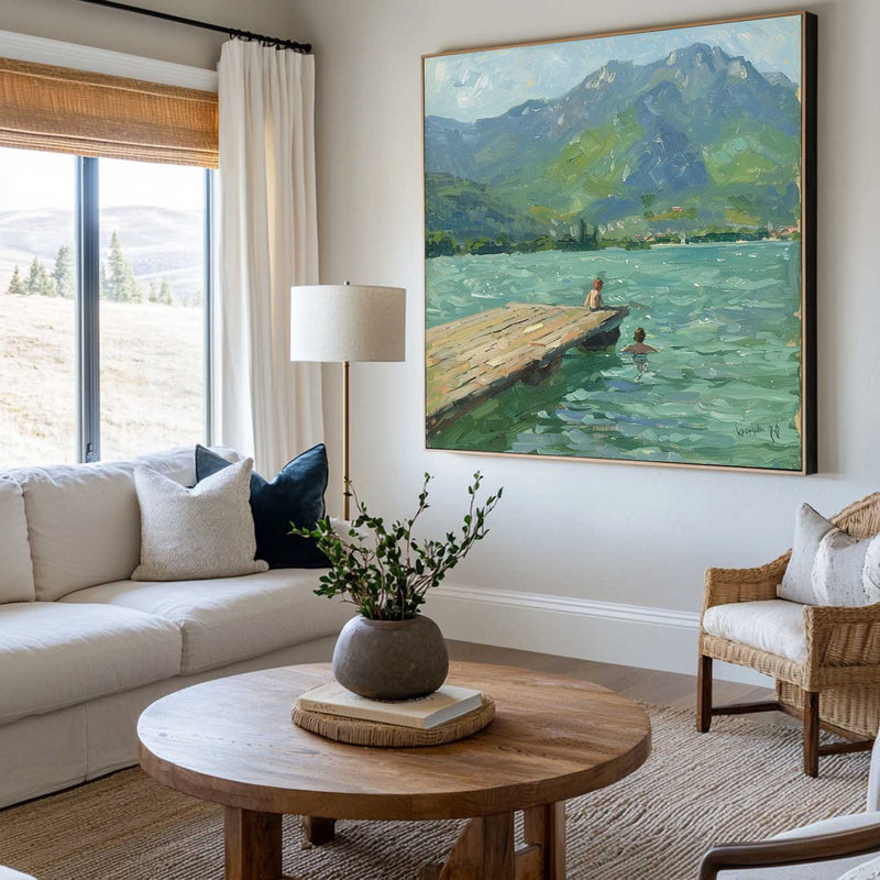 Modern Blue Lake Paintings Childhood Good Old Days Acrylic Painting Canvas Art For Livingroom
