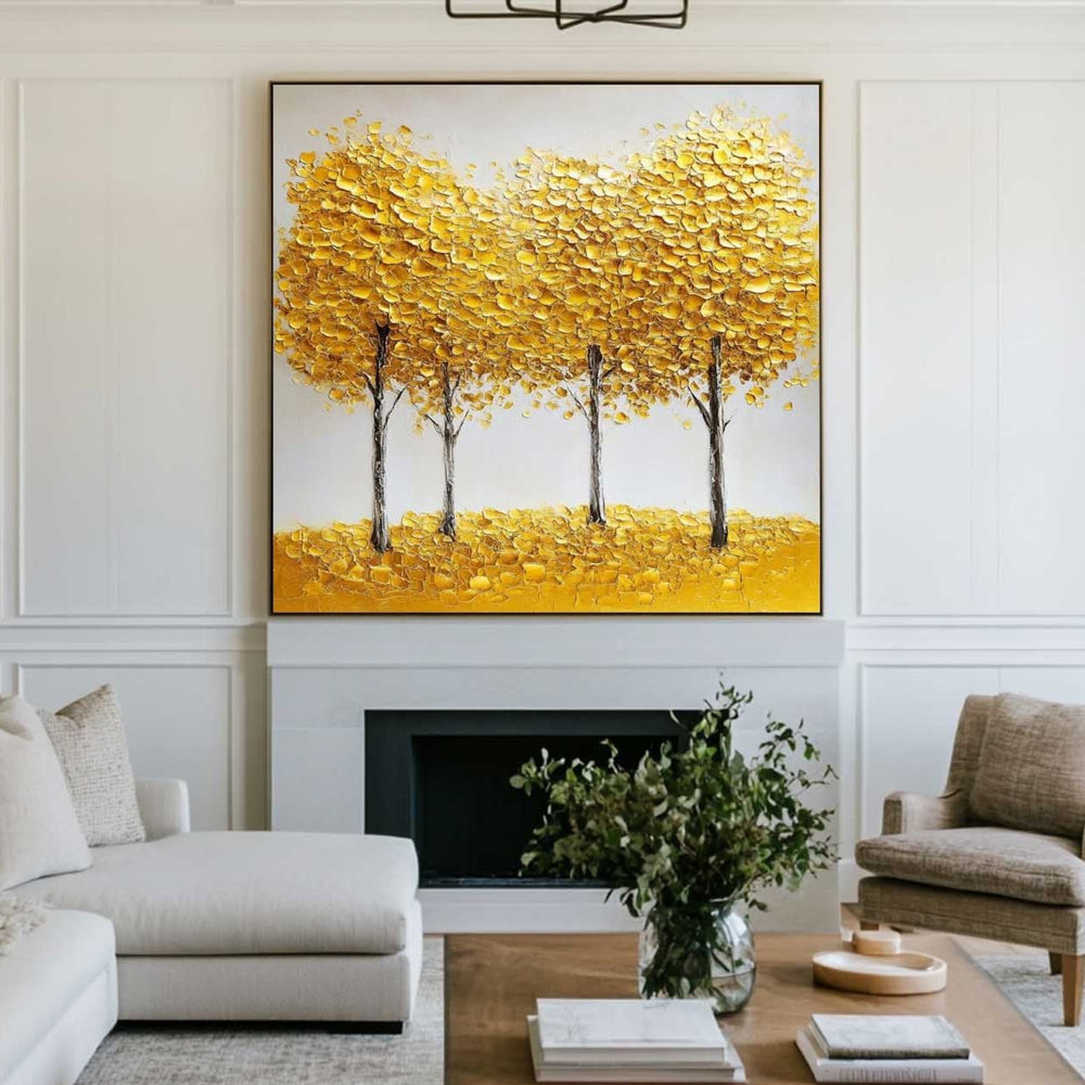 Large Gold Trees Art Painting Plaster Canvas Art Modern Square Textured Art Handmade Artworks For Sale