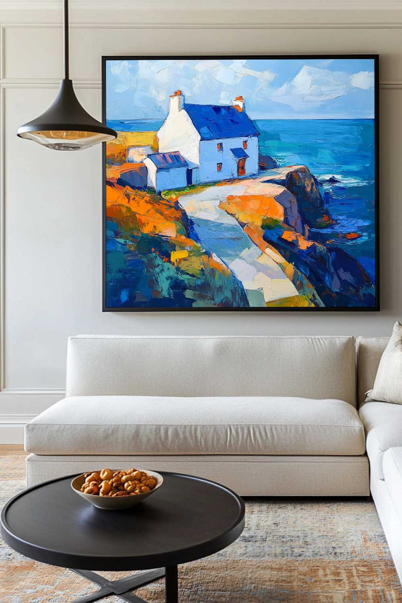Blue Textured Landscape Wall Art Modern Countryside View Painting Large Landscape Painting