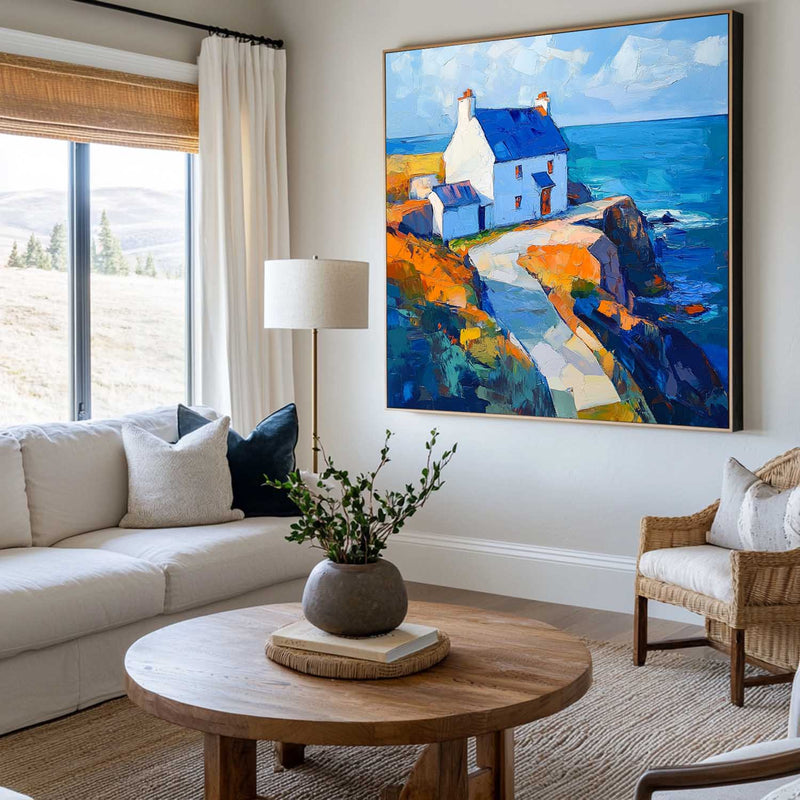 Blue Textured Landscape Wall Art Modern Countryside View Painting Large Landscape Painting