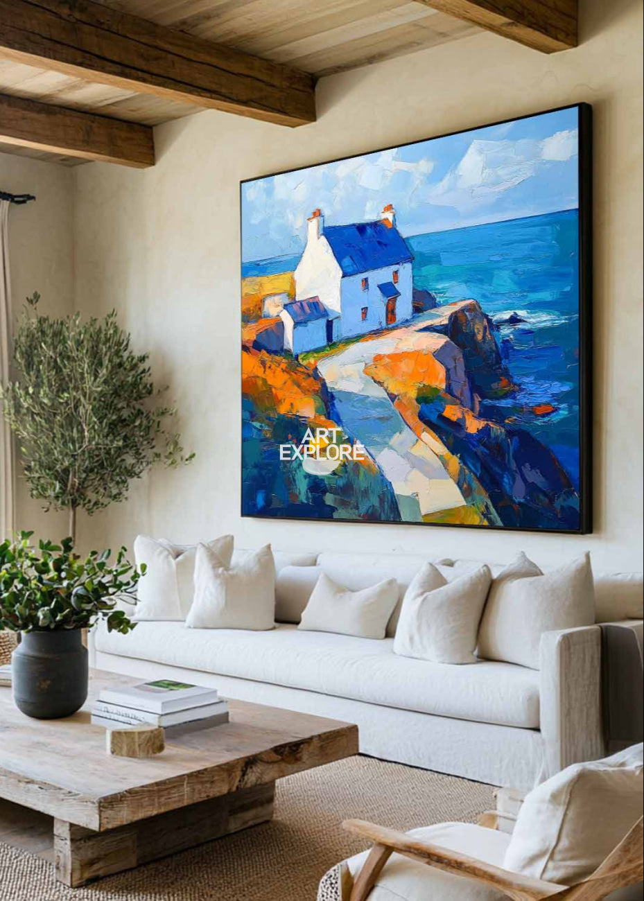 Blue Textured Landscape Wall Art Modern Countryside View Painting Large Landscape Painting