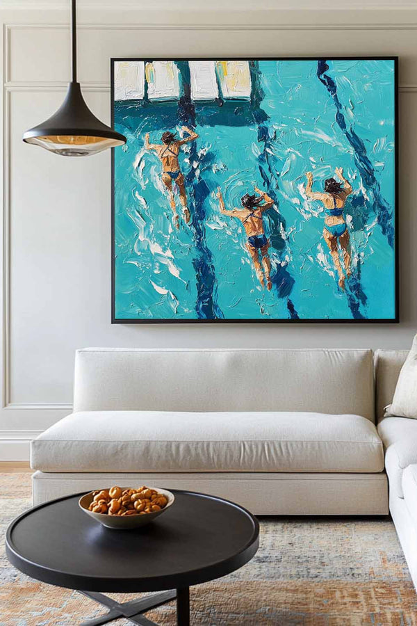 Large Swimming Painting Blue Swimming Textured Wall Art Modern Sport Painting For Sale