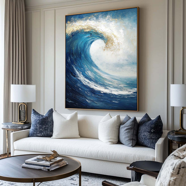 Large Vertical Blue Ocean Wave Paintings Blue Sea Wall Art Handmade Blue Textured Wall Art 