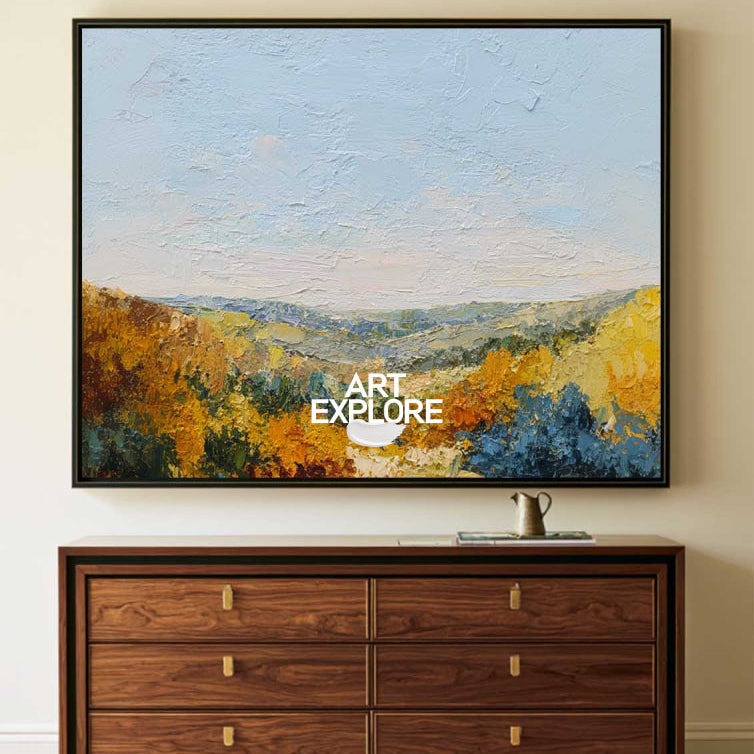 Textured Mountain Landscape Oil Painting With Golden Autumn Colors For Modern Home Decor