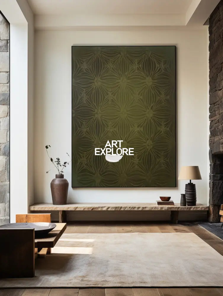 Oversized Dark Green Boho Canvas, Minimalist Textured Wall Art | ArtExplore