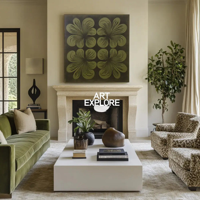 Modern Handmade Floral Wall Art, Large Dark Green Canvas for SOHO | ArtExplore