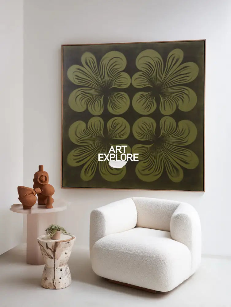 Minimalist Floral Art, Large Handmade Dark Green Wall Decor for Offices | ArtExplore