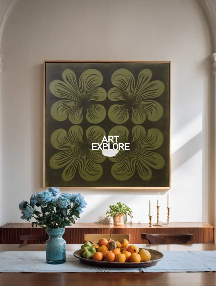 Large Dark Green Floral Art, Boho Handmade Canvas for Dining & Lounge | ArtExplore