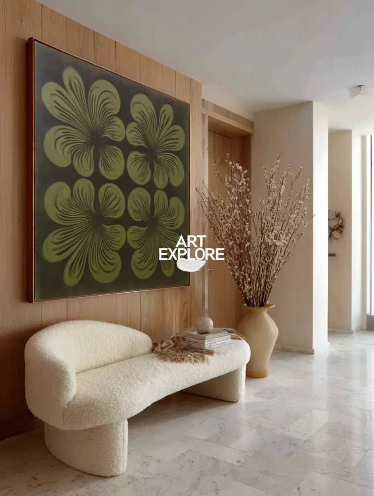 Boho Floral Wabi-Sabi Art, Large Dark Green Handmade Wall Art | ArtExplore