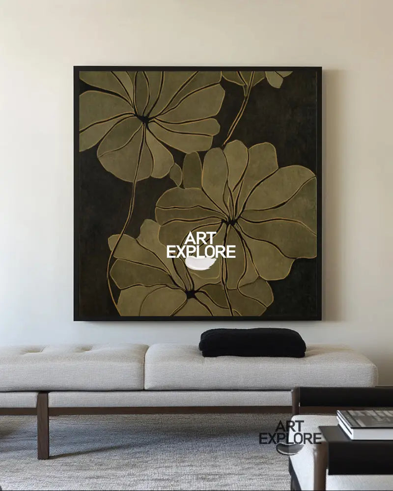 Wabi-Sabi Floral Wall Art, Minimalist Dark Green Painting for Large Spaces | ArtExplore
