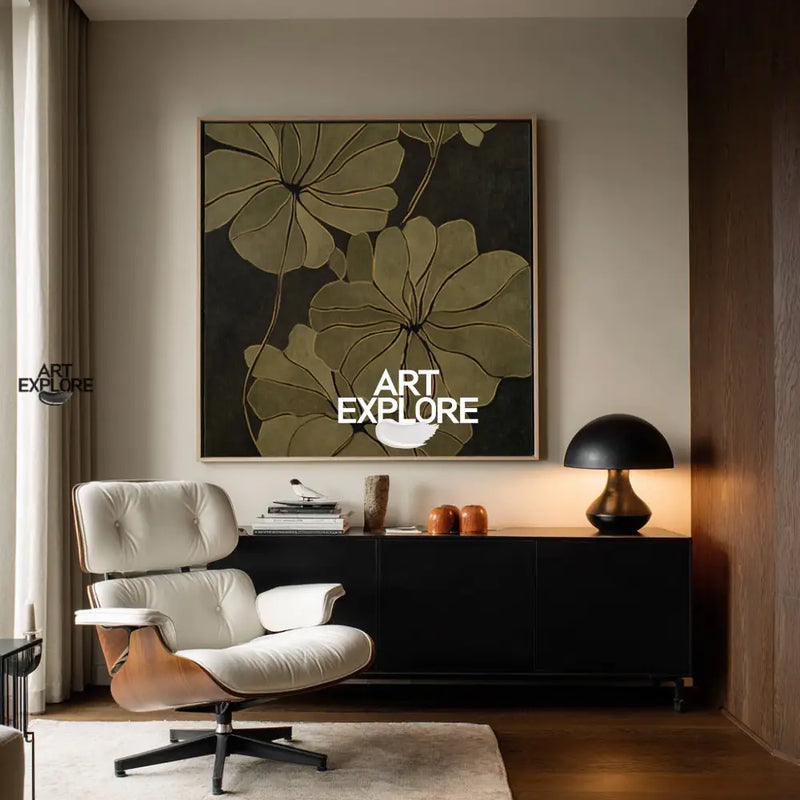 Dark Green Boho Wall Art, Handmade Floral Painting for Dining & Lounge | ArtExplore