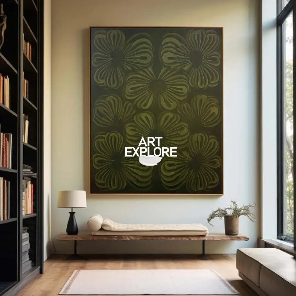 Large Dark Green Boho Floral Canvas Art for Living Room | ArtExplore