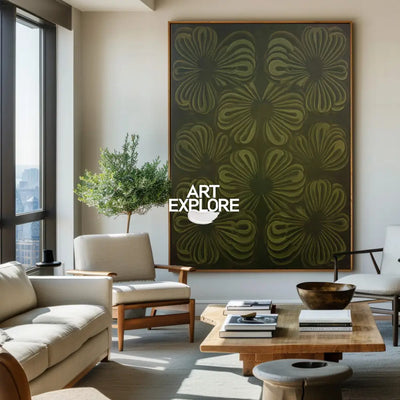 Large Dark Green Boho Floral Canvas Art for Living Room | ArtExplore