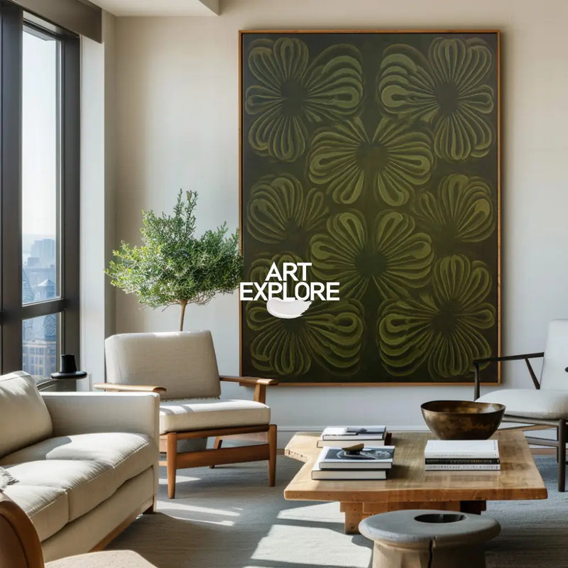 Large Dark Green Boho Floral Canvas Art for Living Room | ArtExplore