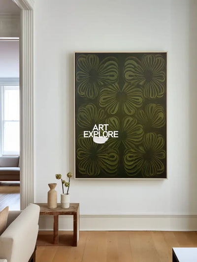 Wabi-Sabi Boho Floral Wall Art, Dark Green Handmade Canvas | ArtExplore