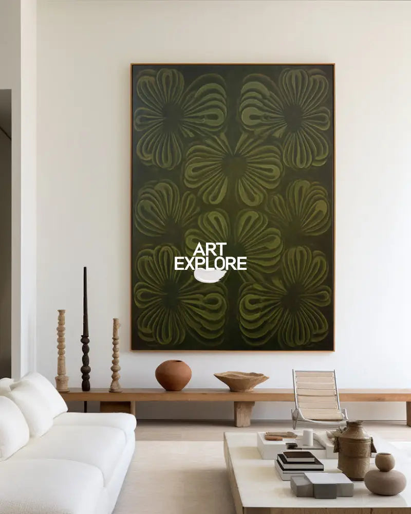Textured Boho Floral Painting, Vertical Dark Green Canvas | ArtExplore