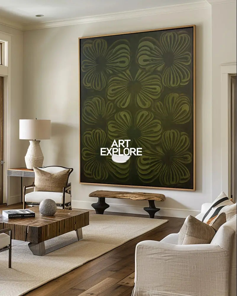 Modern Boho Flower Painting, Dark Green Minimalist Wall Decor | ArtExplore