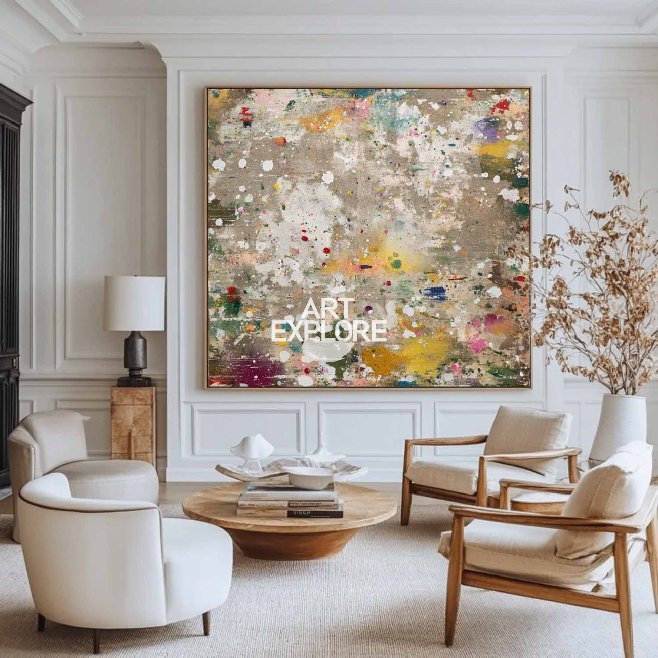 Large Square Abstract Painting, Beige & Brown Color Splash Canvas for Interiors – ArtExplore