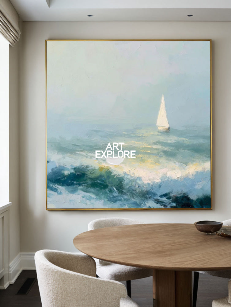 Textured Seascape Oil Painting With Sailboat For Modern Coastal Home Decor