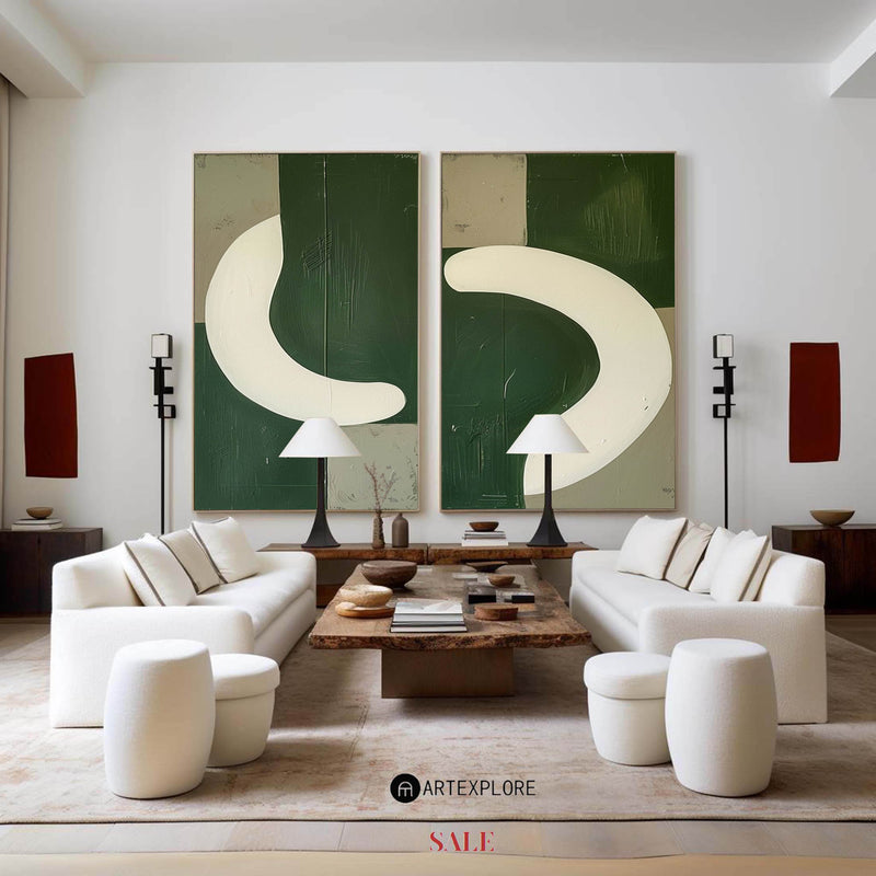 Green And White Diptych Painting 2 piece Geometric Minimalist Art Acrylic Painting On Canvas For Sale