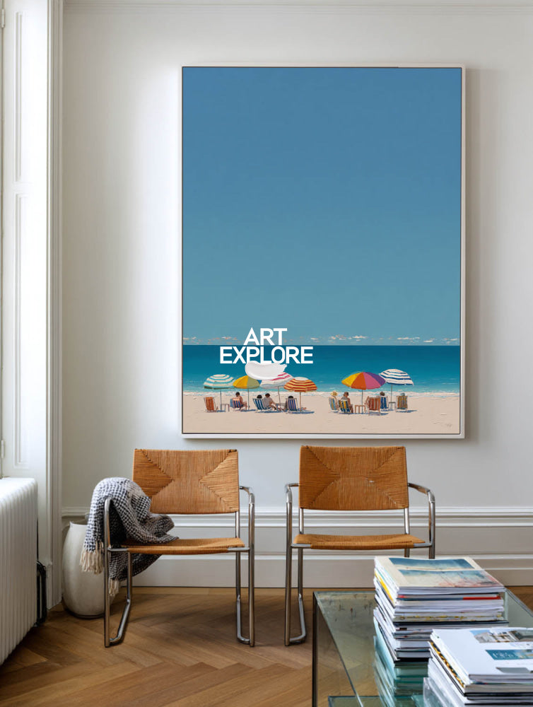 Modern Blue Beach Painting With Colorful Umbrellas For Coastal Living Room Decor
